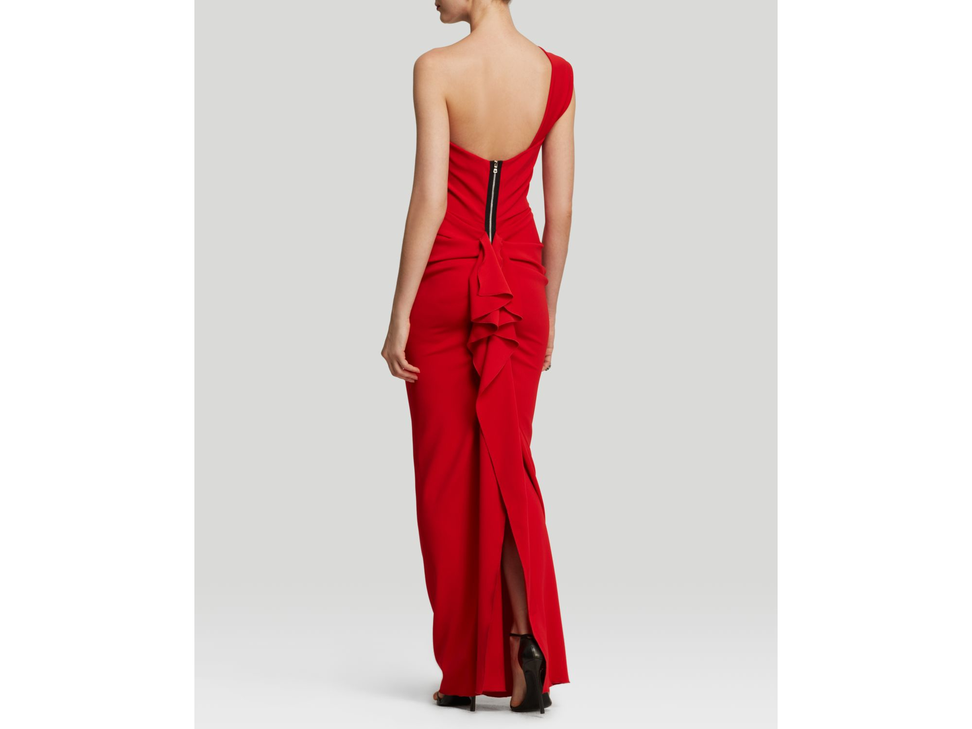 nicole bakti strapless ruffle back gown