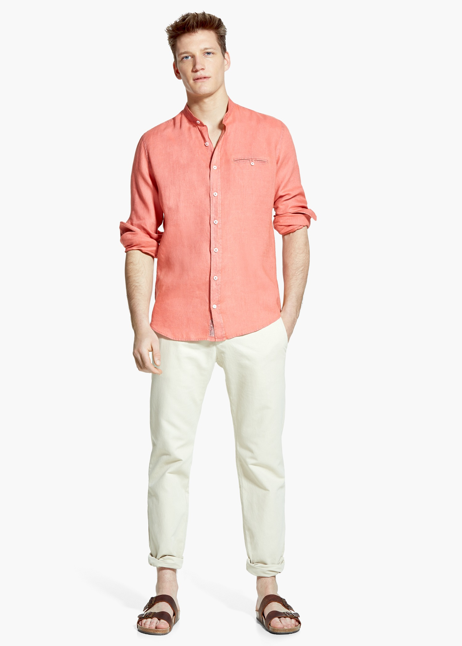 Lyst - Mango Slim-Fit Mao Collar Linen Shirt in Orange for Men