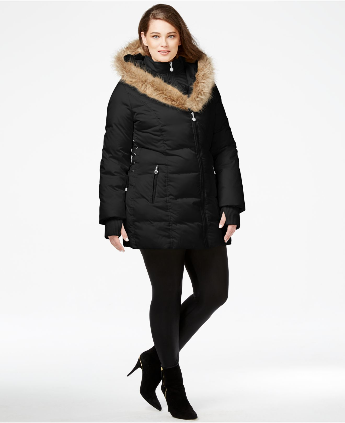 Betsey Johnson Faux Fur Collar Lace Up A Line Coat In Black Lyst Gallery