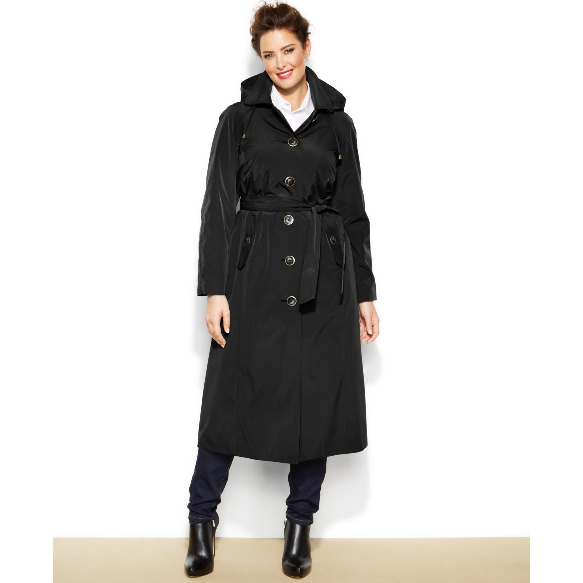 London Fog Plus Size Long Belted Trench Coat in Black