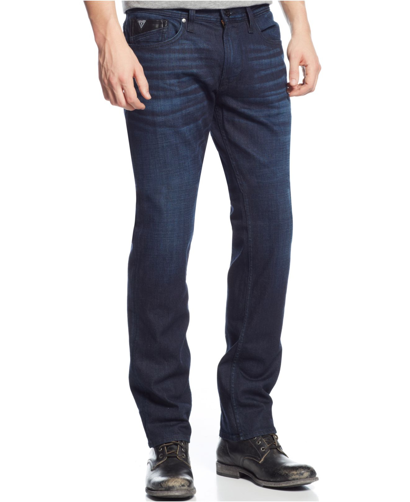 Lyst - Guess Slim Straight Faux-Leather-Pocket Jeans in Blue for Men