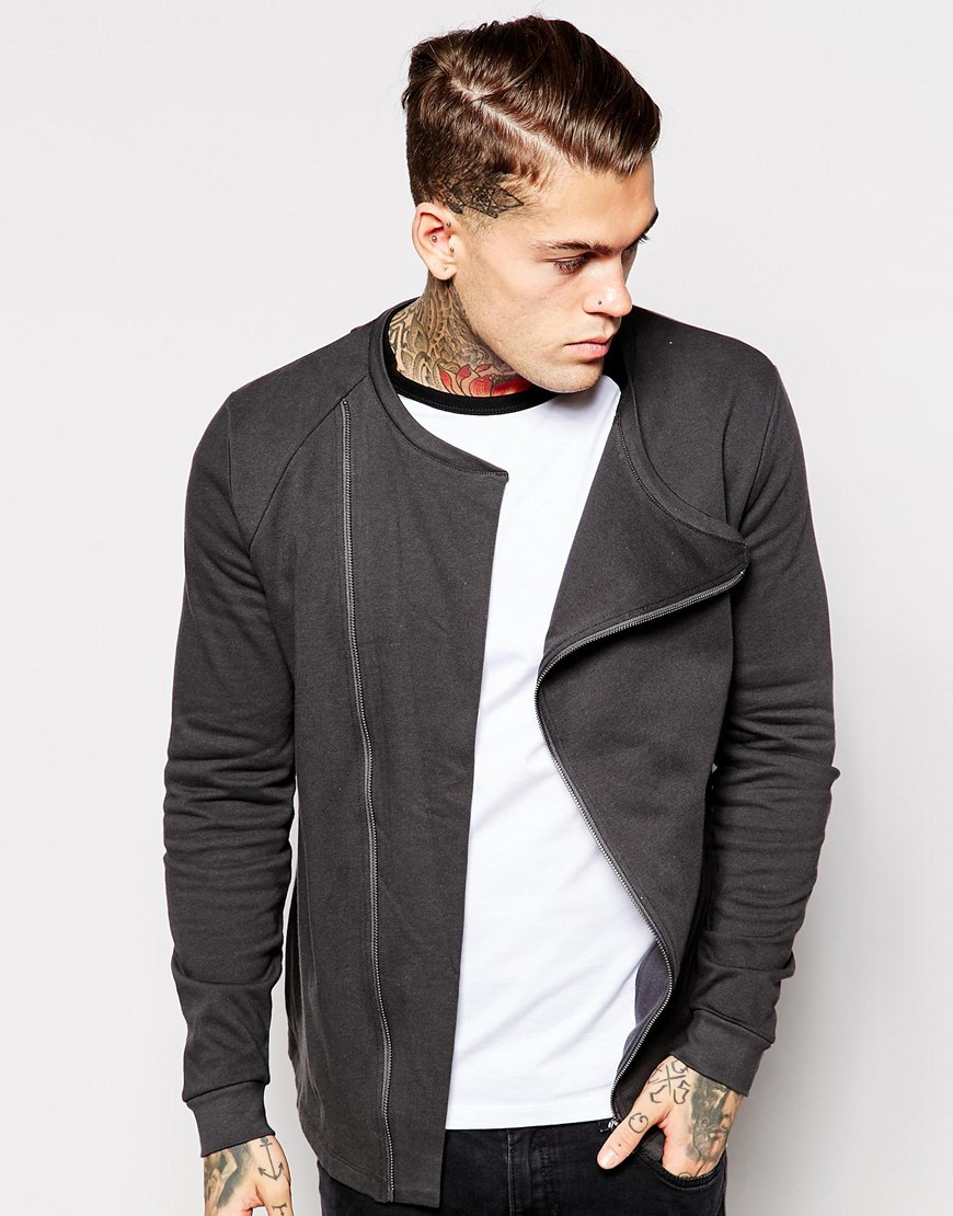 Lyst Asos Collarless Biker Jacket In Jersey With Asymmetric Zip in