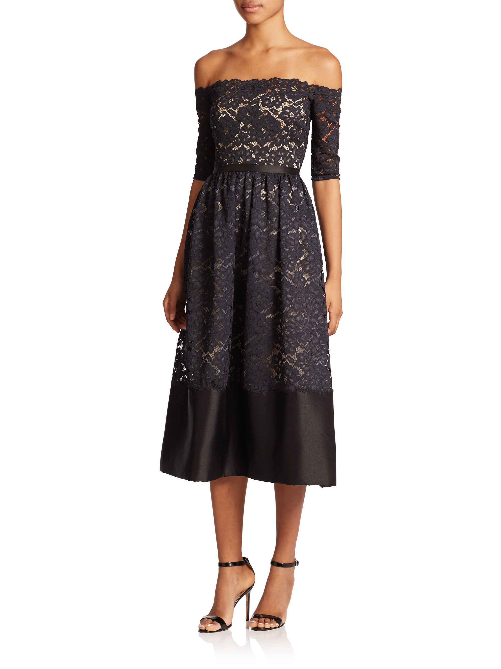 Lyst - Ml Monique Lhuillier Off-the-shoulder Lace Midi Dress in Black