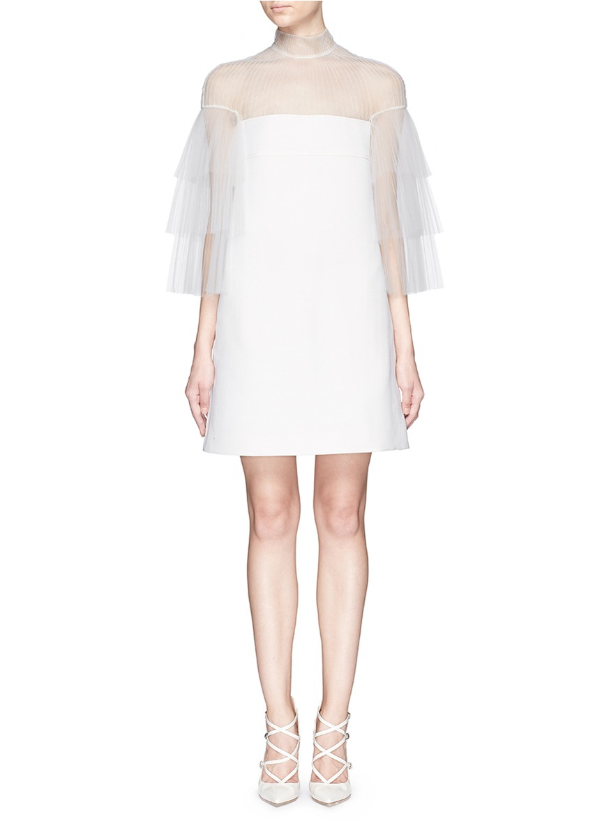 Valentino Pleat Tulle Panel Bonded Twill Dress In White Lyst Gallery