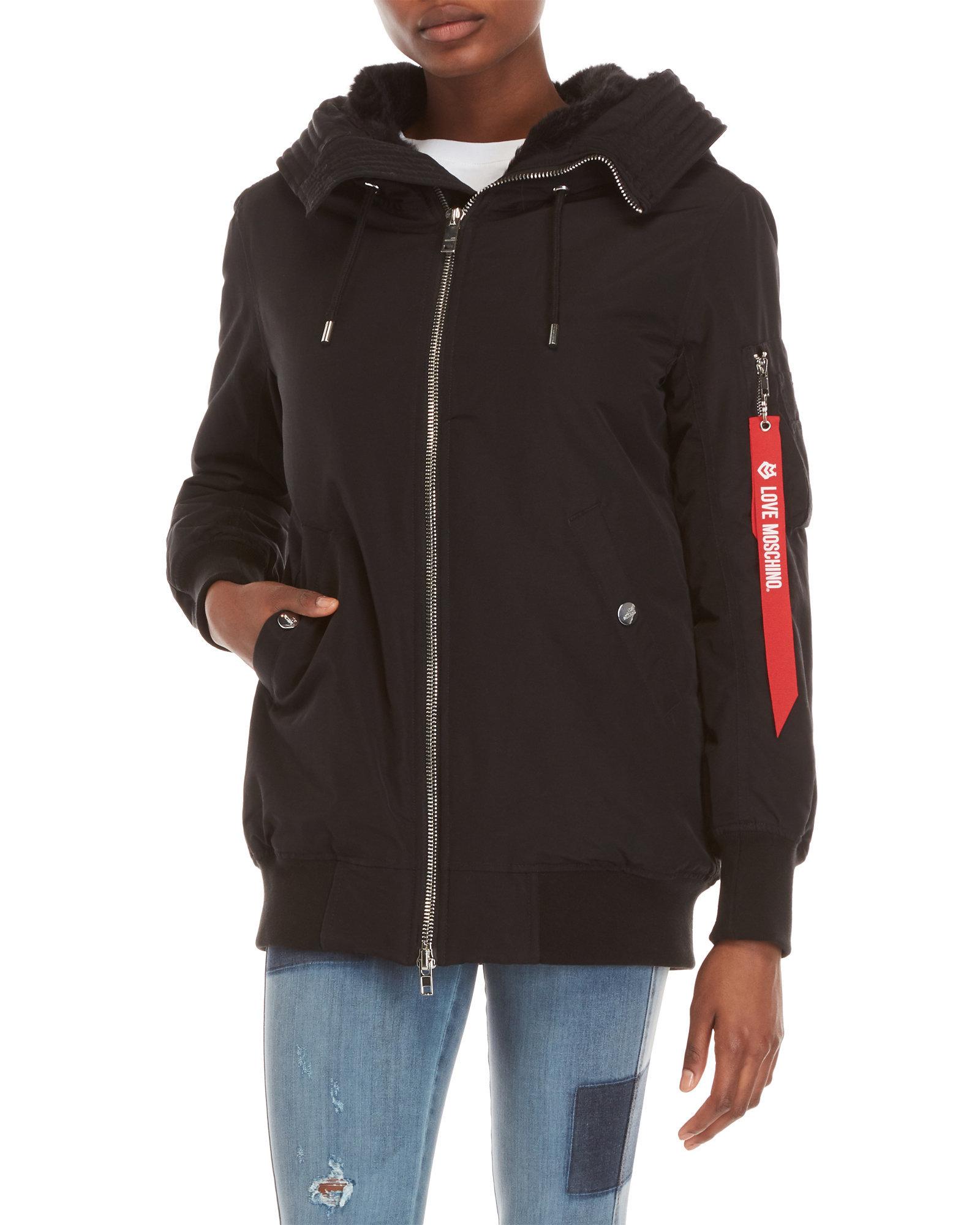 Lyst Love Moschino Black Faux Fur Hooded Coat In Love Moschino Women S Black Faux Fur Hooded Coat