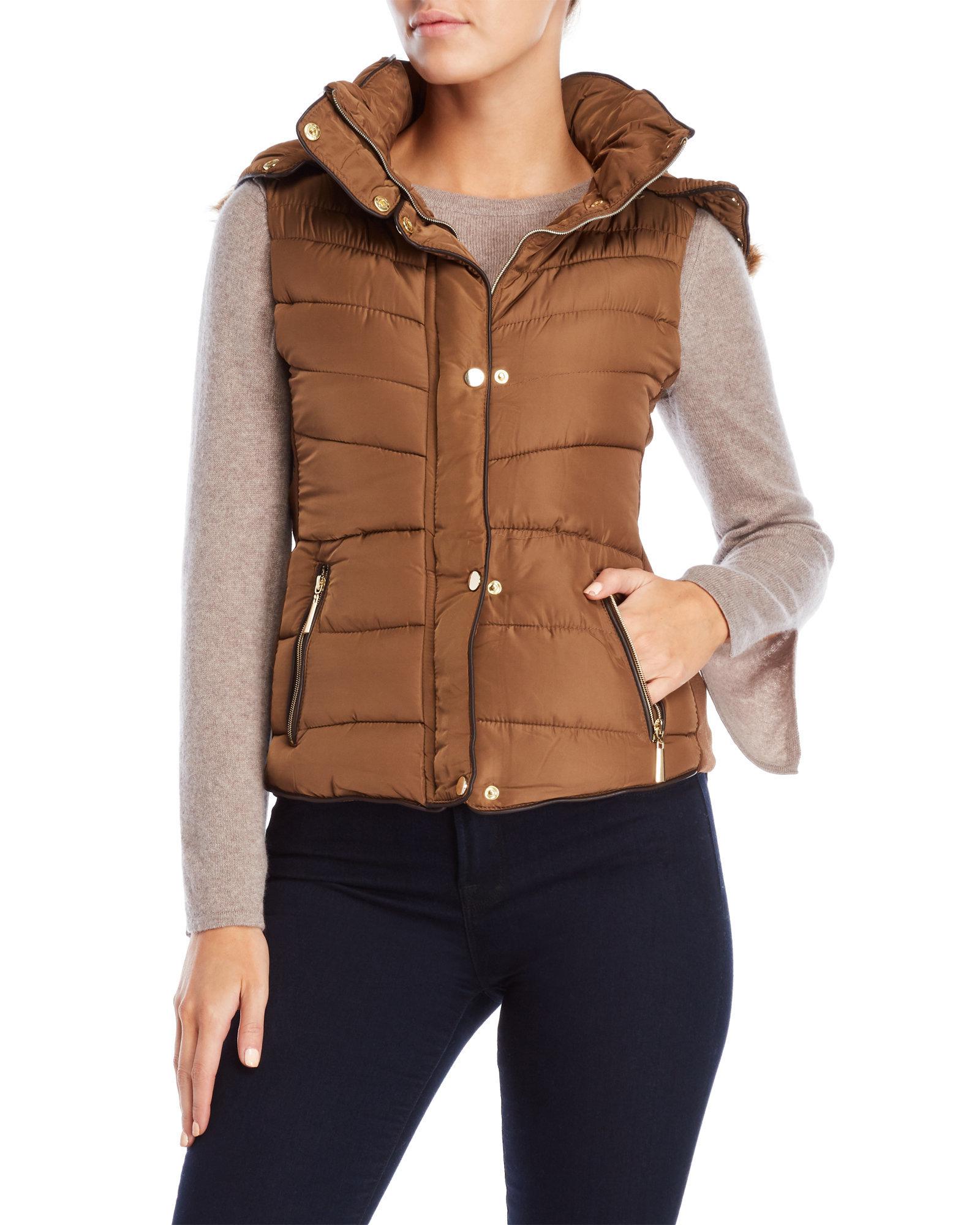 Lyst Ymi Faux Fur Trim Hooded Puffer Vest In Brown Gallery