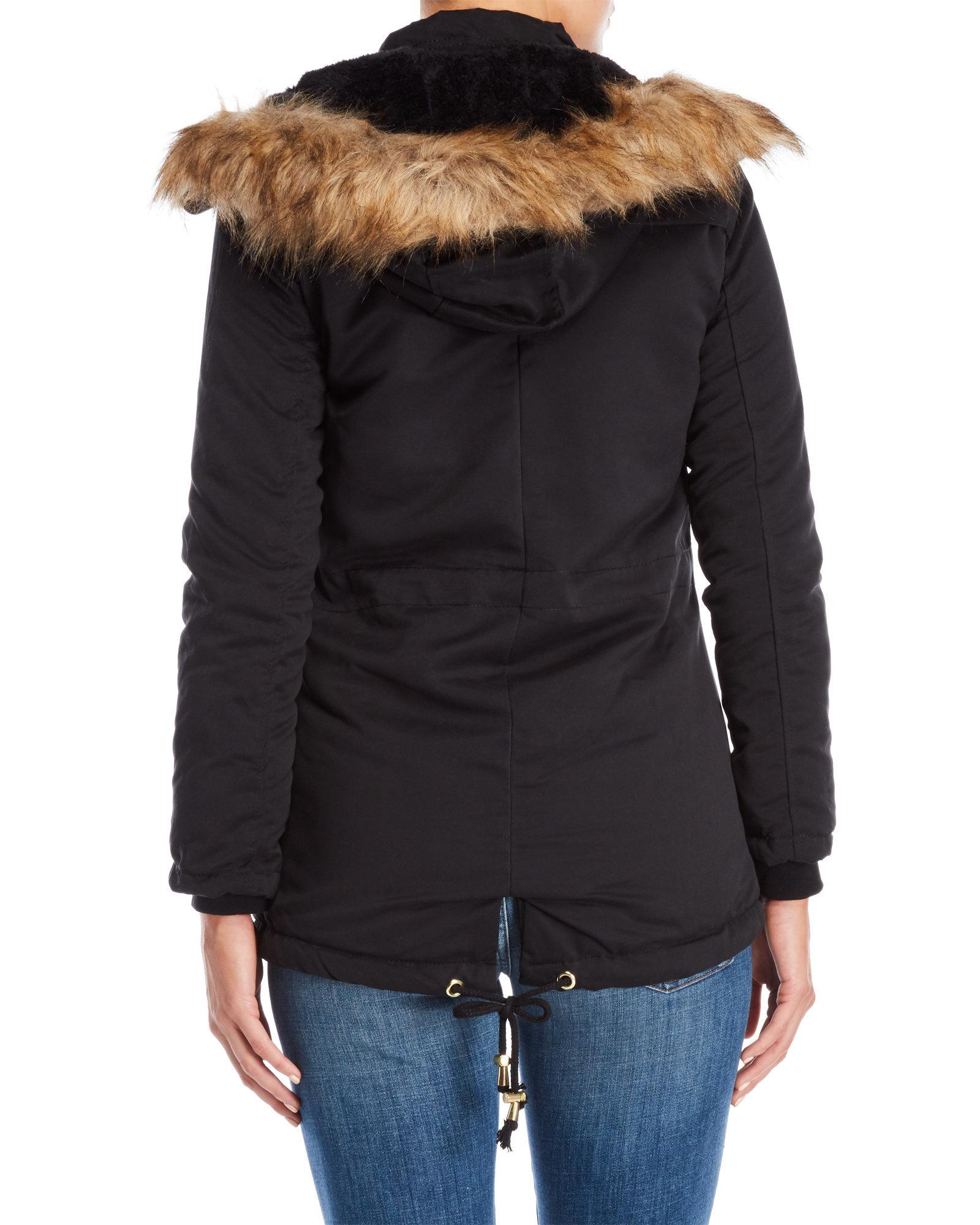 Lyst Ymi Faux Fur Trim Hooded Anorak Jacket In Black Gallery
