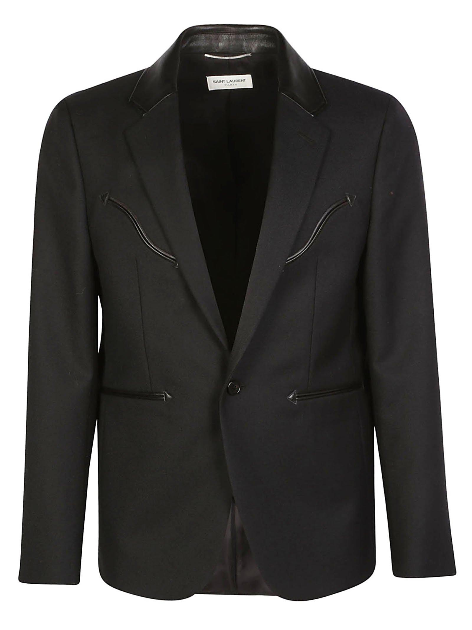 Saint Laurent Leather Detail Blazer in Black for Men - Lyst
