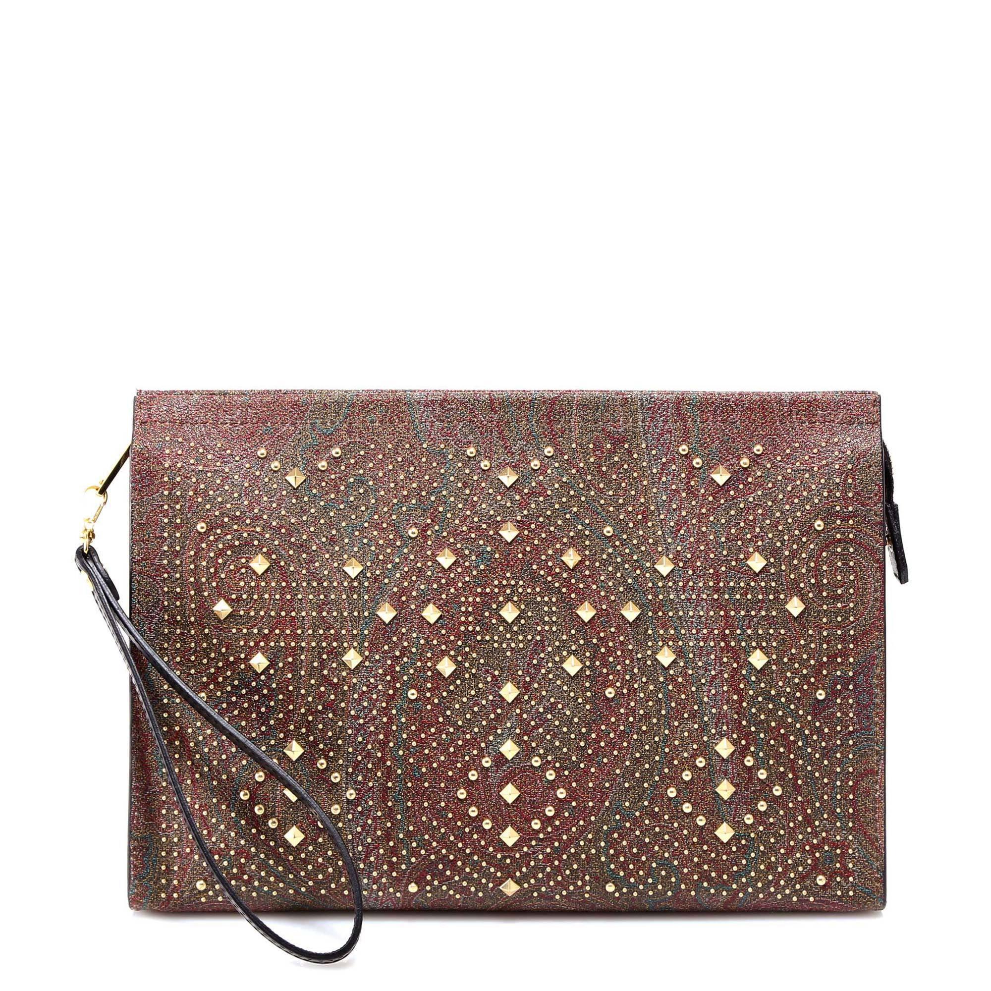 Etro Cotton Studded Paisley Print Clutch Bag in Brown - Lyst