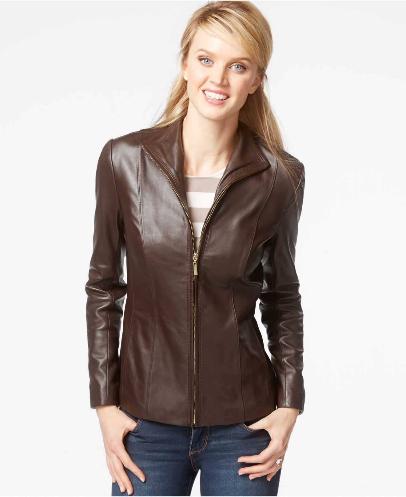 Cole haan Stand-collar Leather Jacket in Brown | Lyst