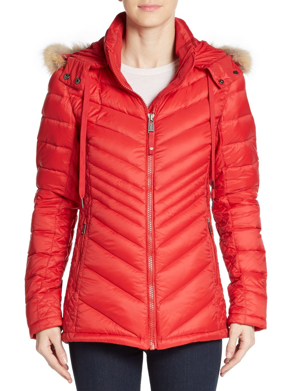 Pajar Charlotte Fur-trimmed Chevron Down Jacket in Red | Lyst