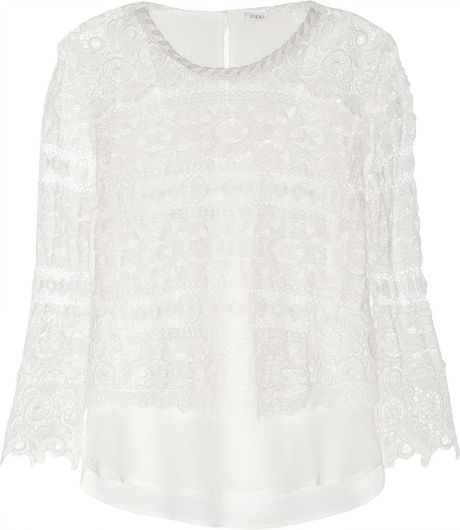 Maje Eudiane Leathertrimmed Broderie Anglaise and Lace Top in White | Lyst