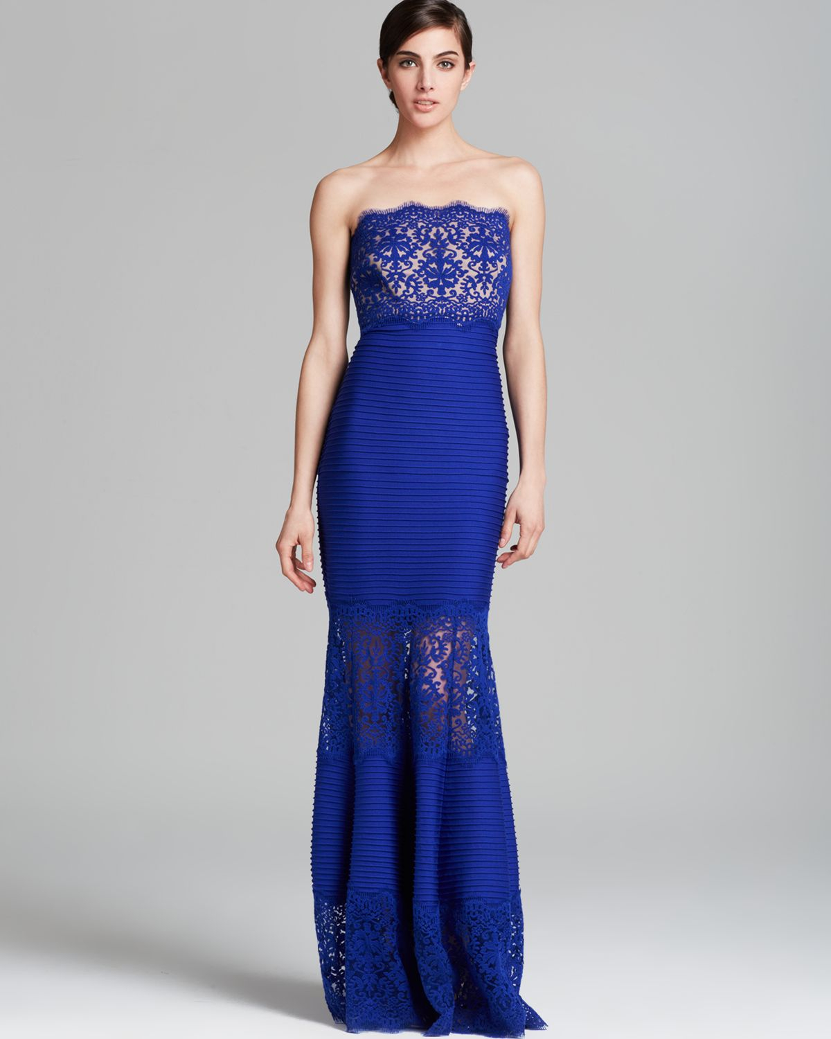 Lyst Tadashi Shoji Lace Bodice Ribbed Illusion Hem Gown Strapless In Blue 