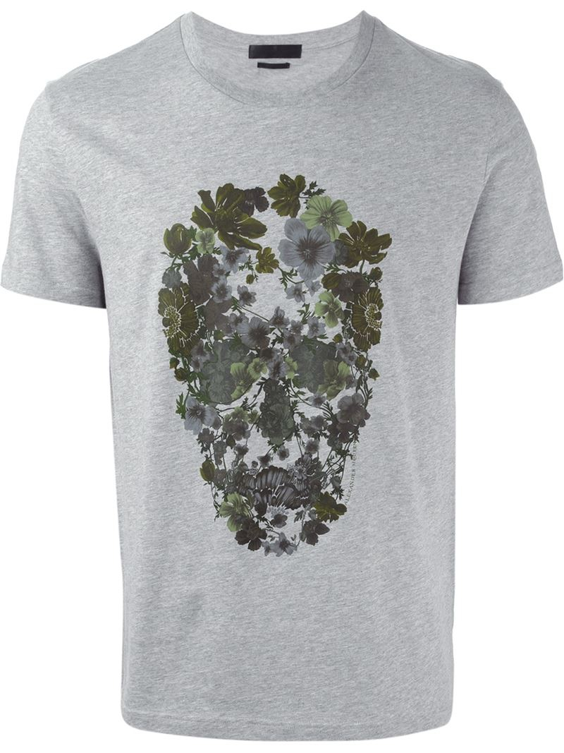 Lyst - Alexander Mcqueen Floral Skull-Print Cotton T-Shirt in Gray for Men