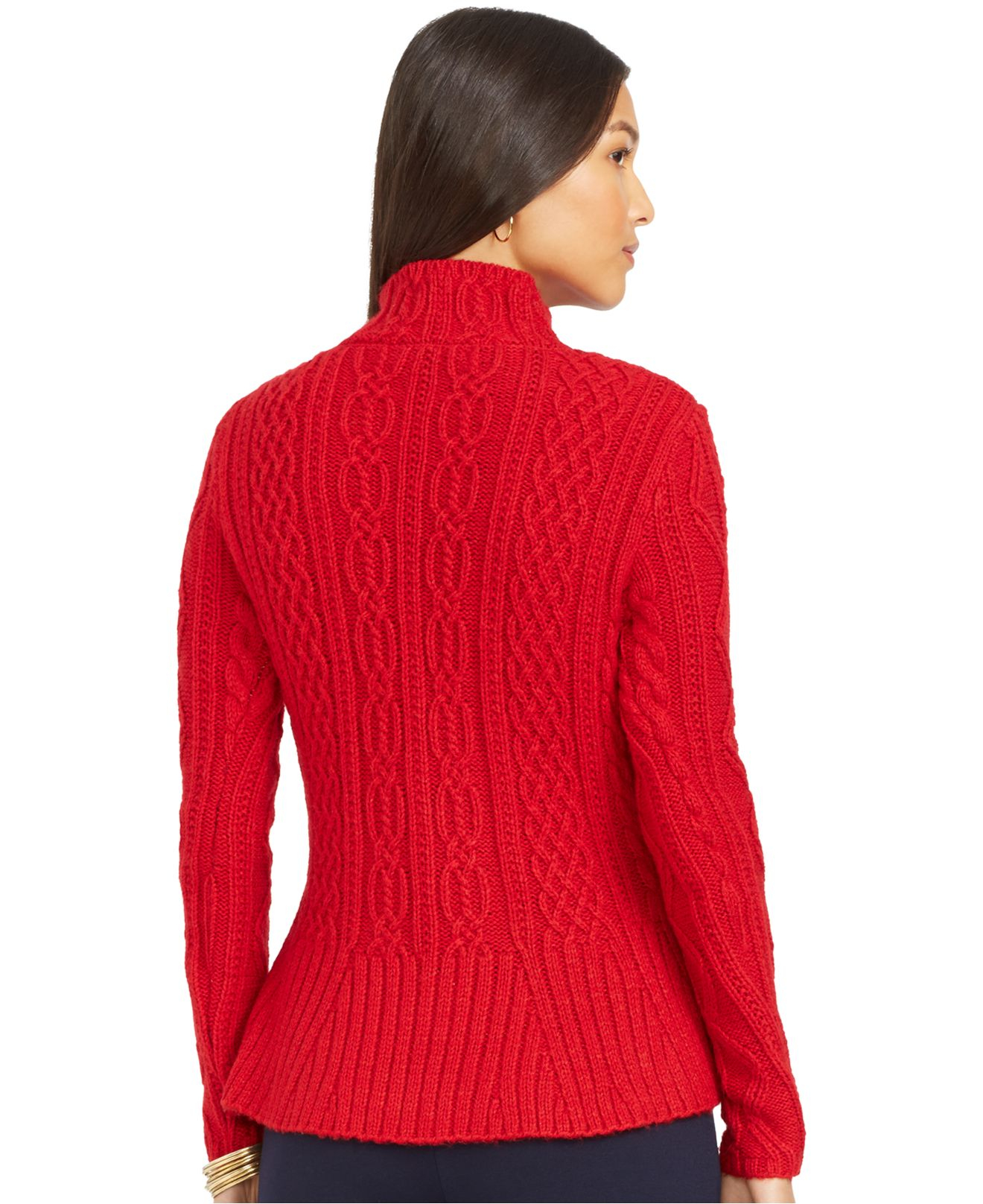 Lauren by ralph lauren Mock-Turtleneck Cable-Knit Peplum Sweater in Red