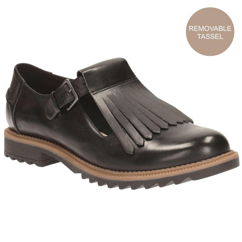 Ladies Clarks T-Bar Buckled Wedge Heel Soft Leather Fringe Flats Griffin Mia