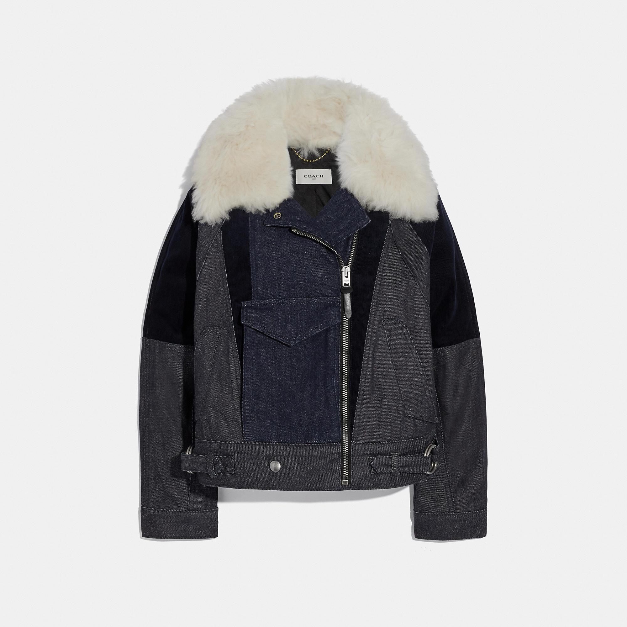 COACH Denim Jacket With Shearling Collar in Light Wash (Blue) Lyst
