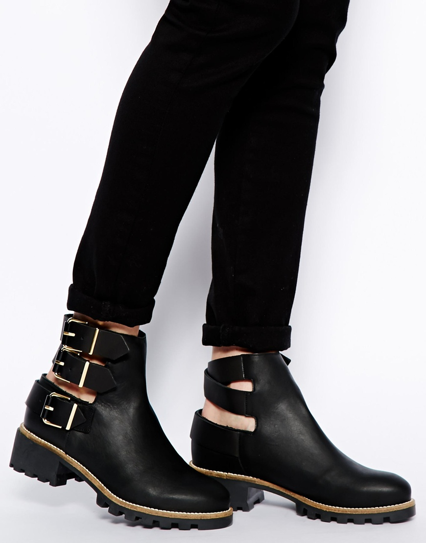 Lyst - Miista Cecilia Black Leather Cut Out Buckle Ankle Boots in Black