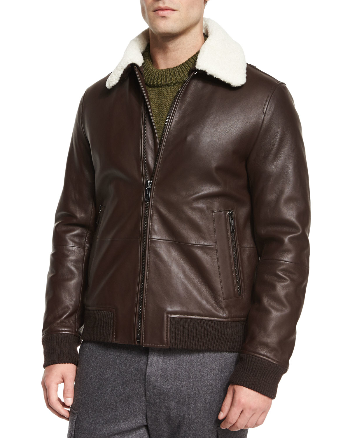 Lyst Michael Kors Leather Jacket With Shearling Collar In Brown Gallery