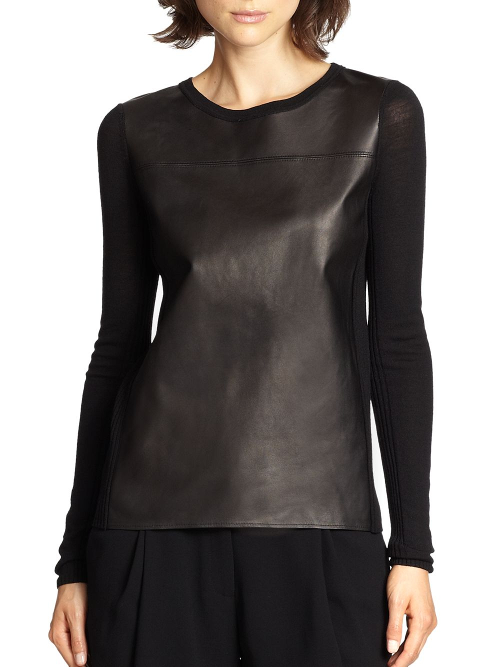 Lyst Vince Leather Front Merino Wool Sweater in Black