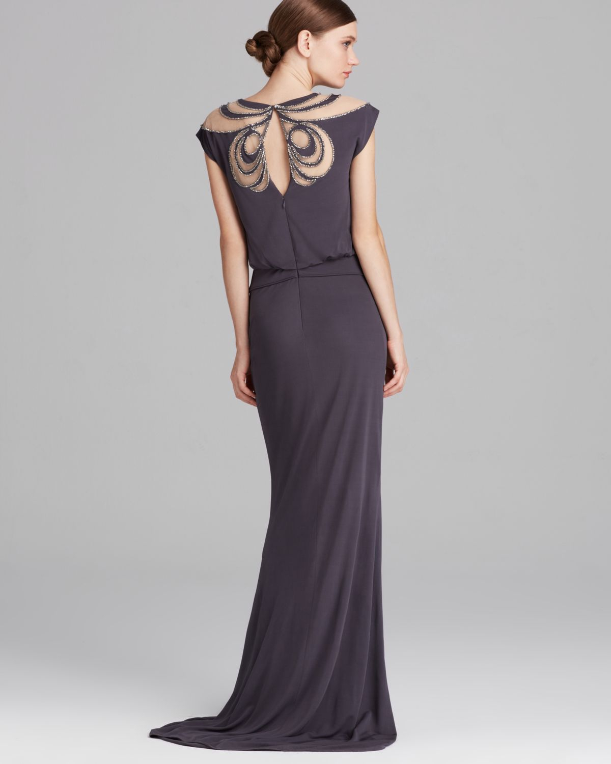 Lyst Badgley Mischka Gown Deco Beaded Shoulder Blouson In Gray Gallery