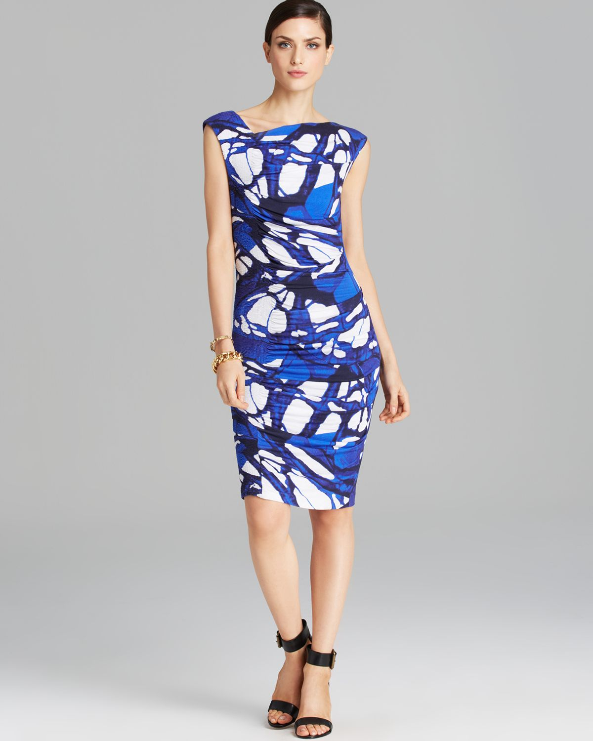 Lyst - Escada Dress Butterfly Sleeveless Side Ruched in Blue