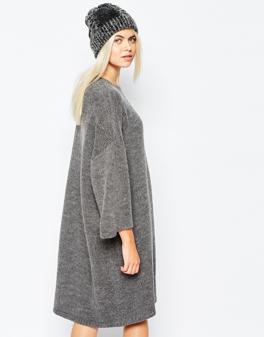 Monki Oversized Knitted Dress With Pocket Detail in Gray | Lyst