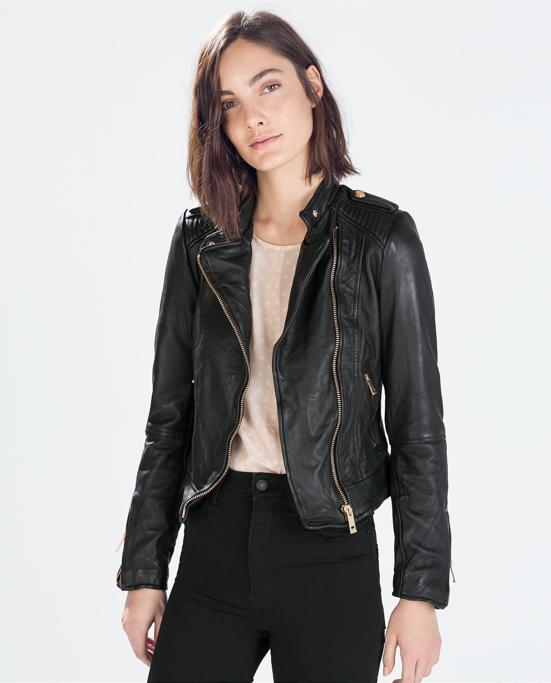 Zara Leather Biker Jacket in Black | Lyst