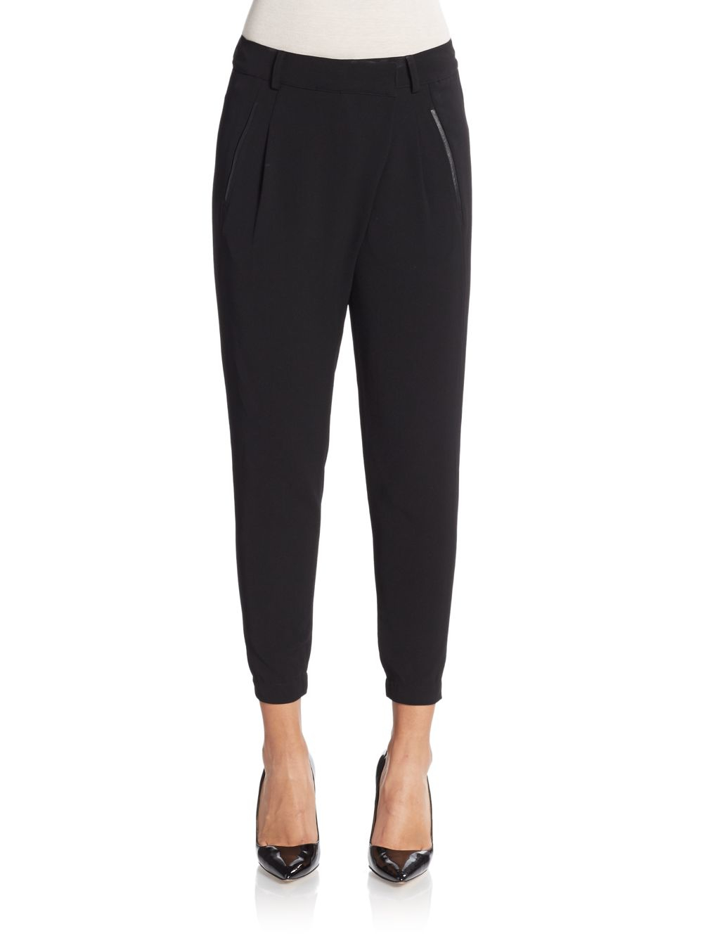 Vince Leather Trimmed Asymmetrical Pants in Black | Lyst