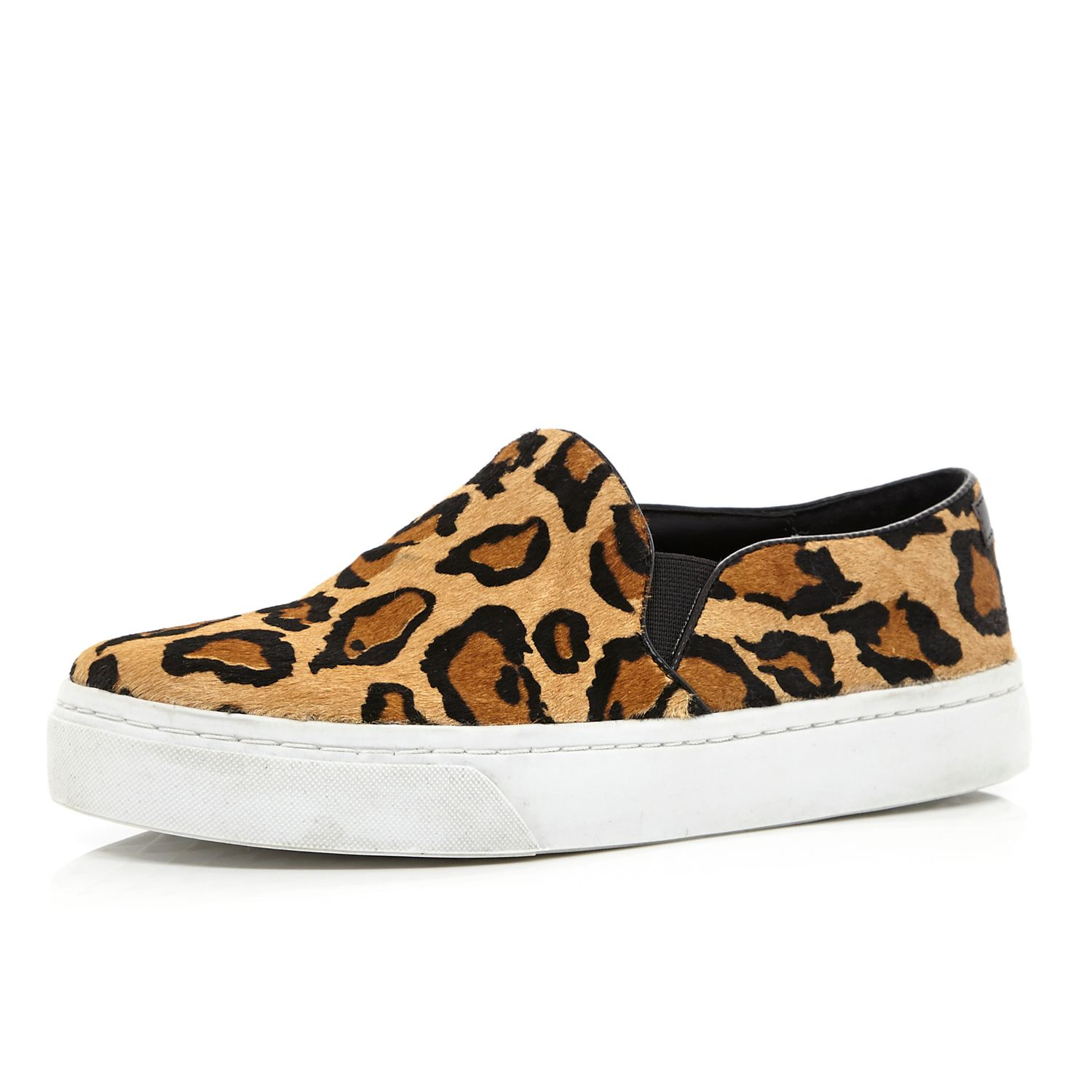River Island Brown Leopard Pony Hair Slip On Trainers - Lyst