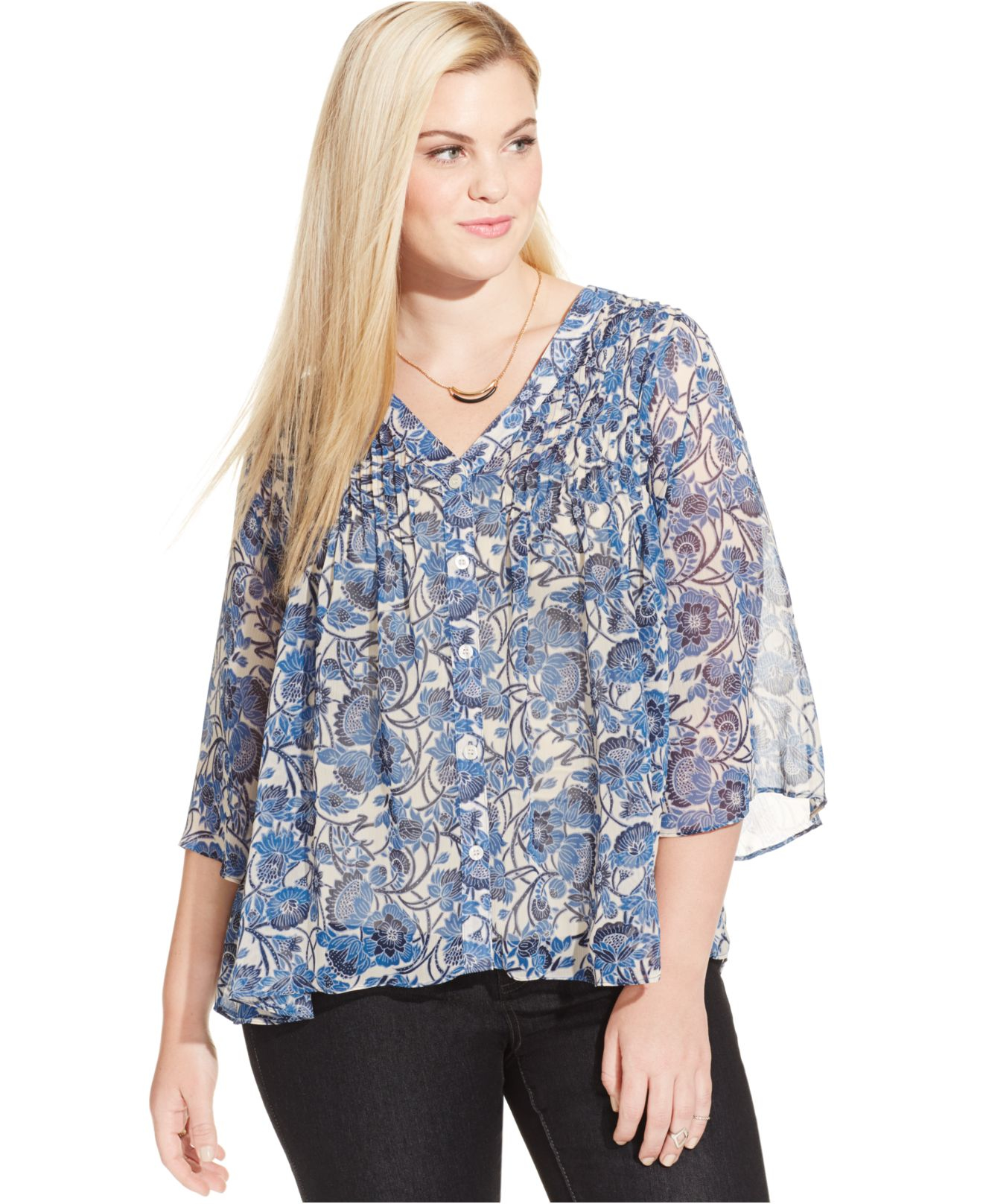 Lyst - Jessica Simpson Plus Size Floral-print Chiffon Peasant Blouse in ...