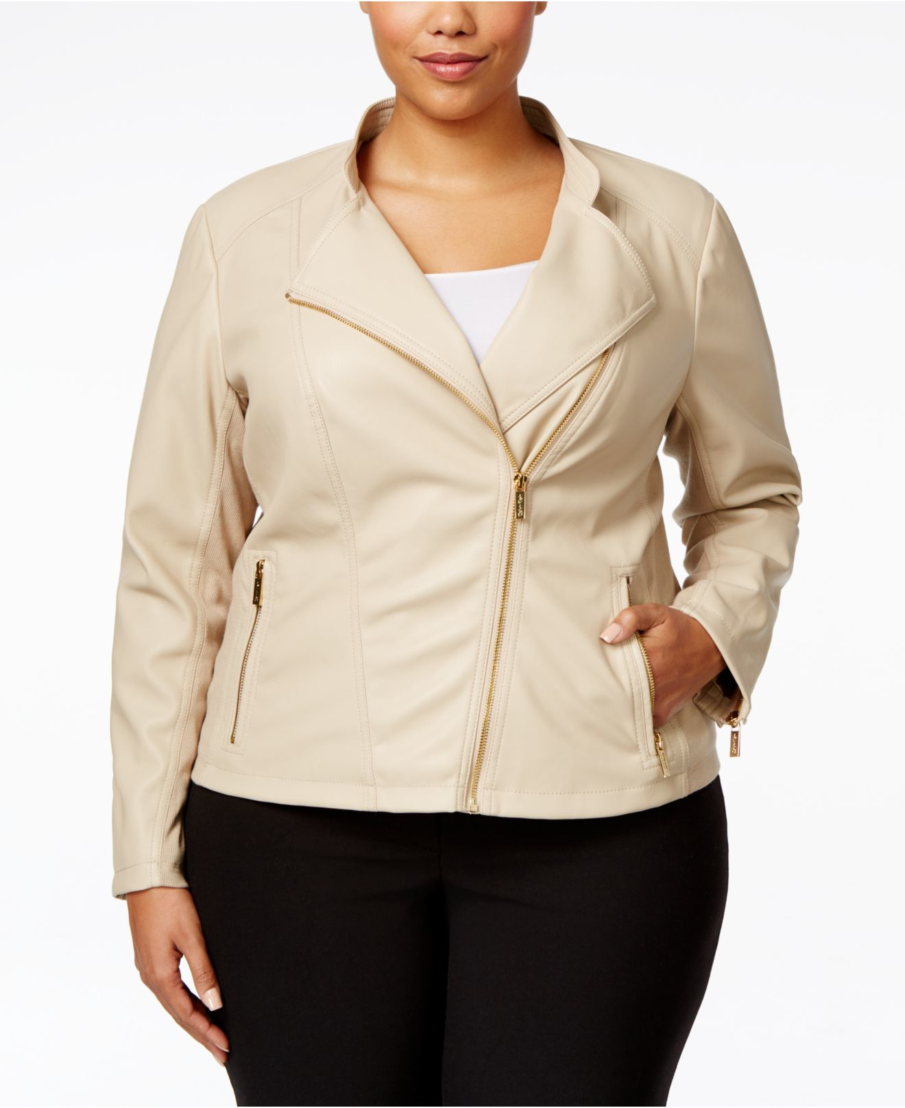 Calvin Klein Plus Size Faux Leather Moto Jacket In Natural Lyst Gallery