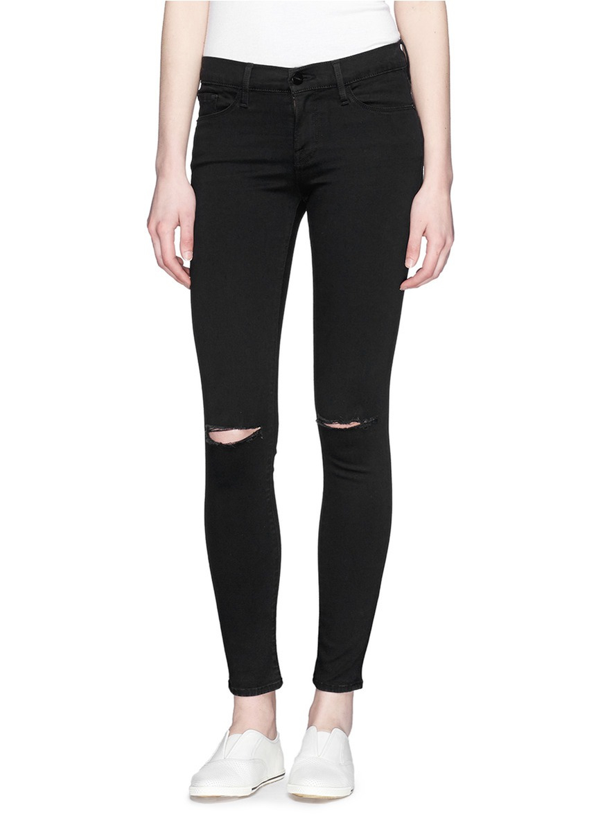 Frame 'le Skinny De Jeanne' Ripped Knee Jeans in Black | Lyst