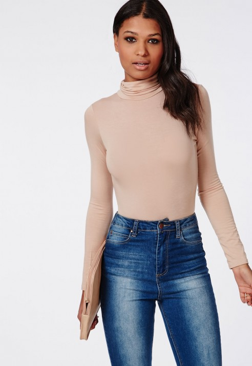 Missguided Long Sleeve Turtle Neck Bodysuit Nude in Beige 