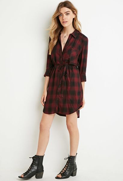 Forever 21 Belted  Plaid  Shirt  Dress  in Red Burgundy black 