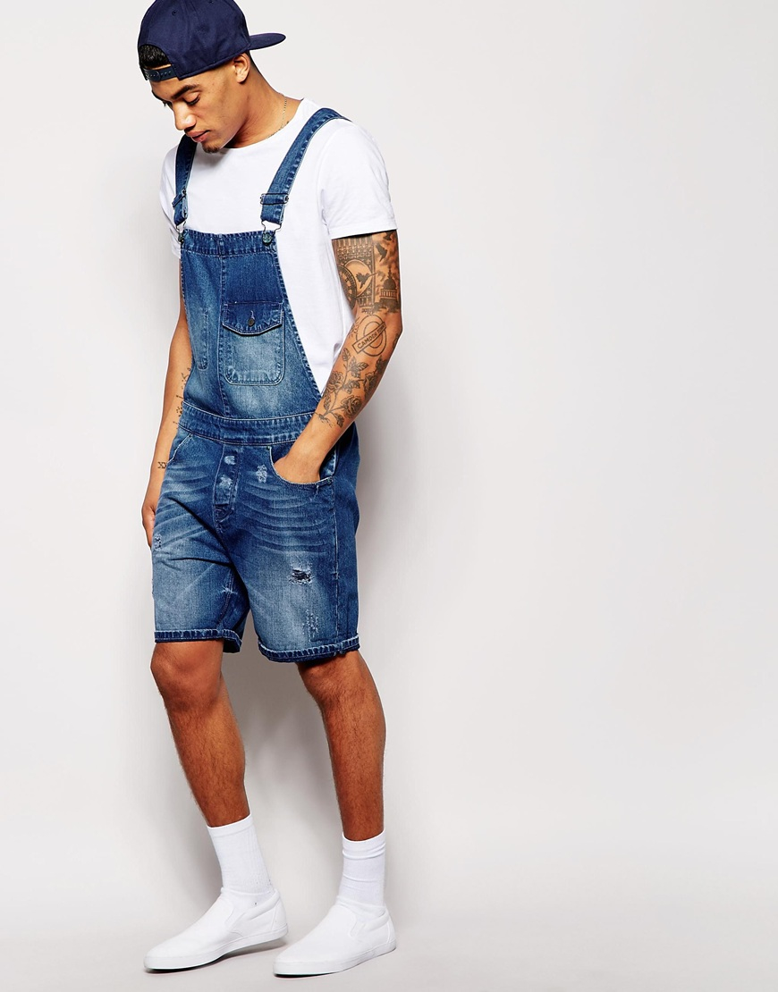 Lyst - Asos Short Overalls In Mid Wash in Blue for Men