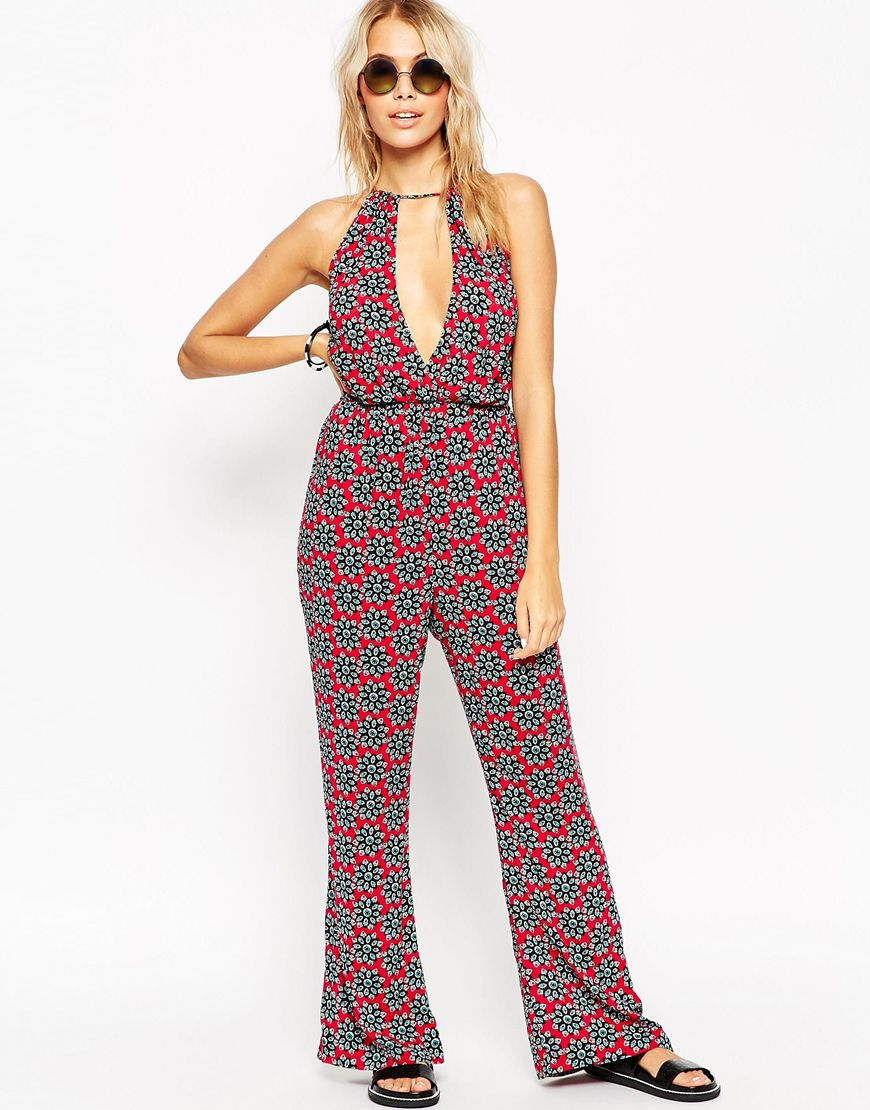 Lyst - Asos 70s Geo Floral Print Halter Beach Jumpsuit in Pink