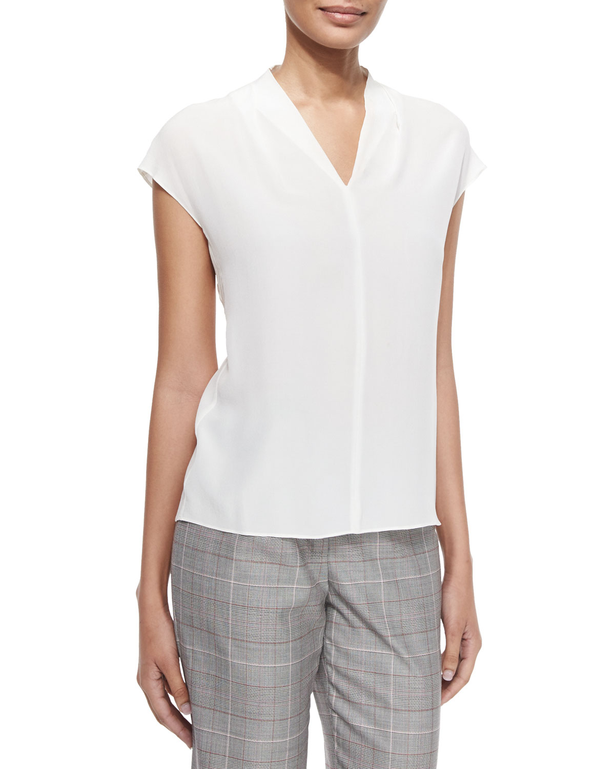 Escada V-neck Cap-sleeve Silk Shell in White (OFF WHITE) | Lyst
