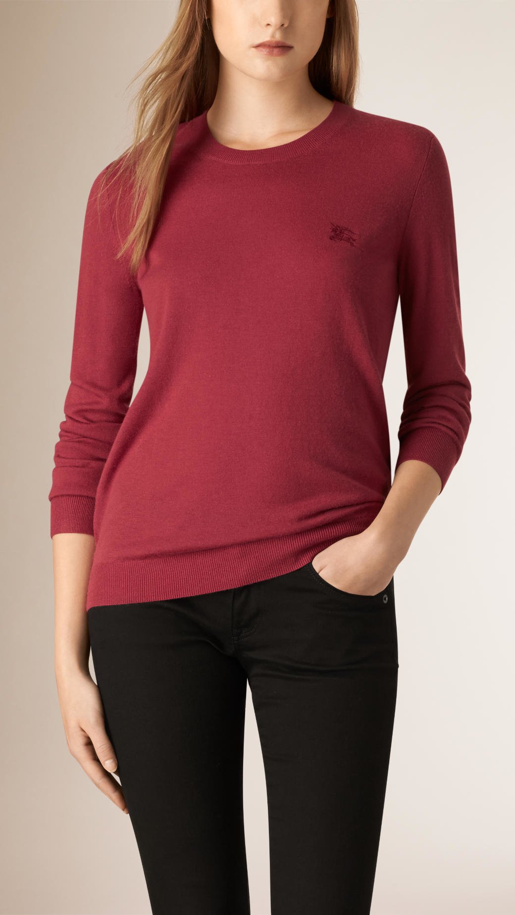 Burberry Crew Neck Cashmere Sweater in Purple (bright peony rose) | Lyst