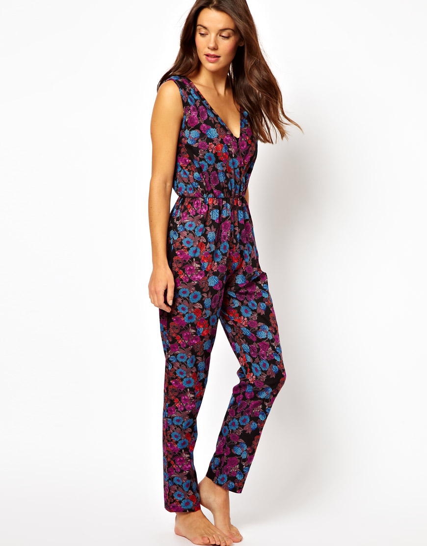 Lyst - Asos Floral Print Plunge Beach Jumpsuit in Red