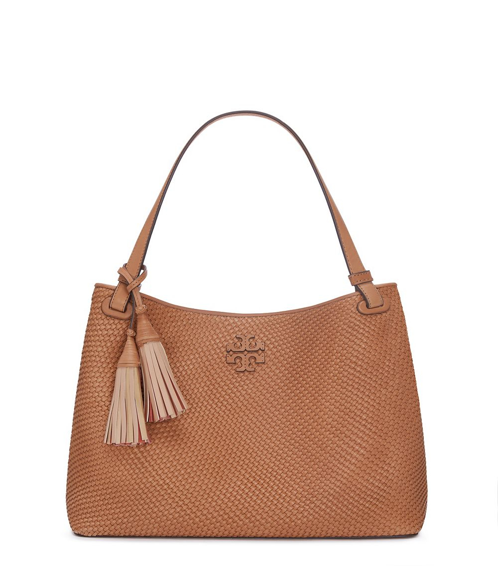 Lyst - Tory Burch Thea Woven-leather Center-zip Tote in Brown