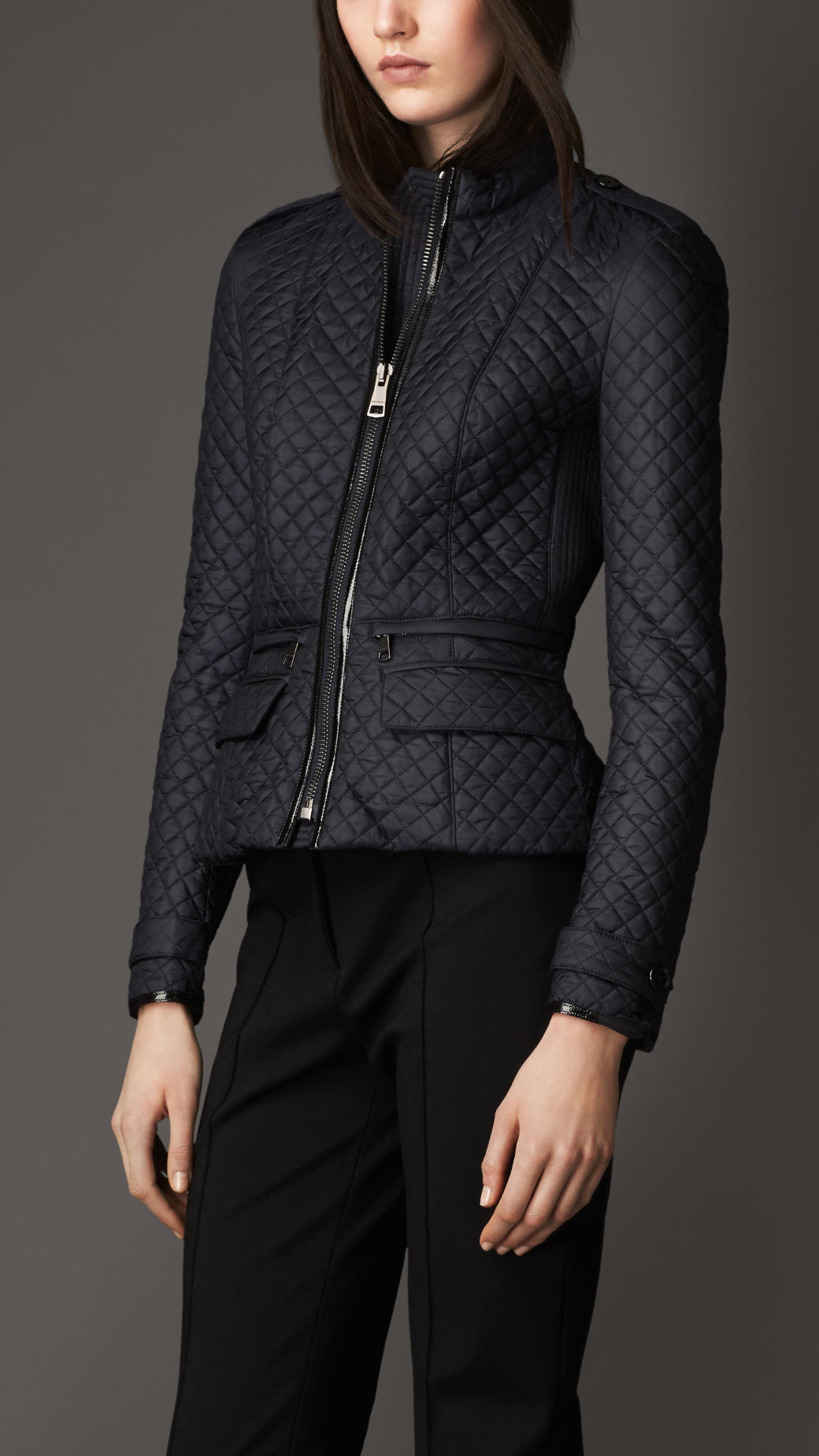Burberry Quilted Jacket with Peplum Waist in Blue | Lyst