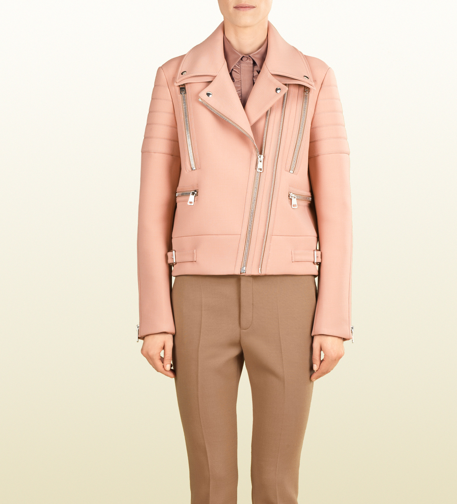 Lyst Gucci Asymmetric Zip Wool Biker Jacket In Pink Gallery