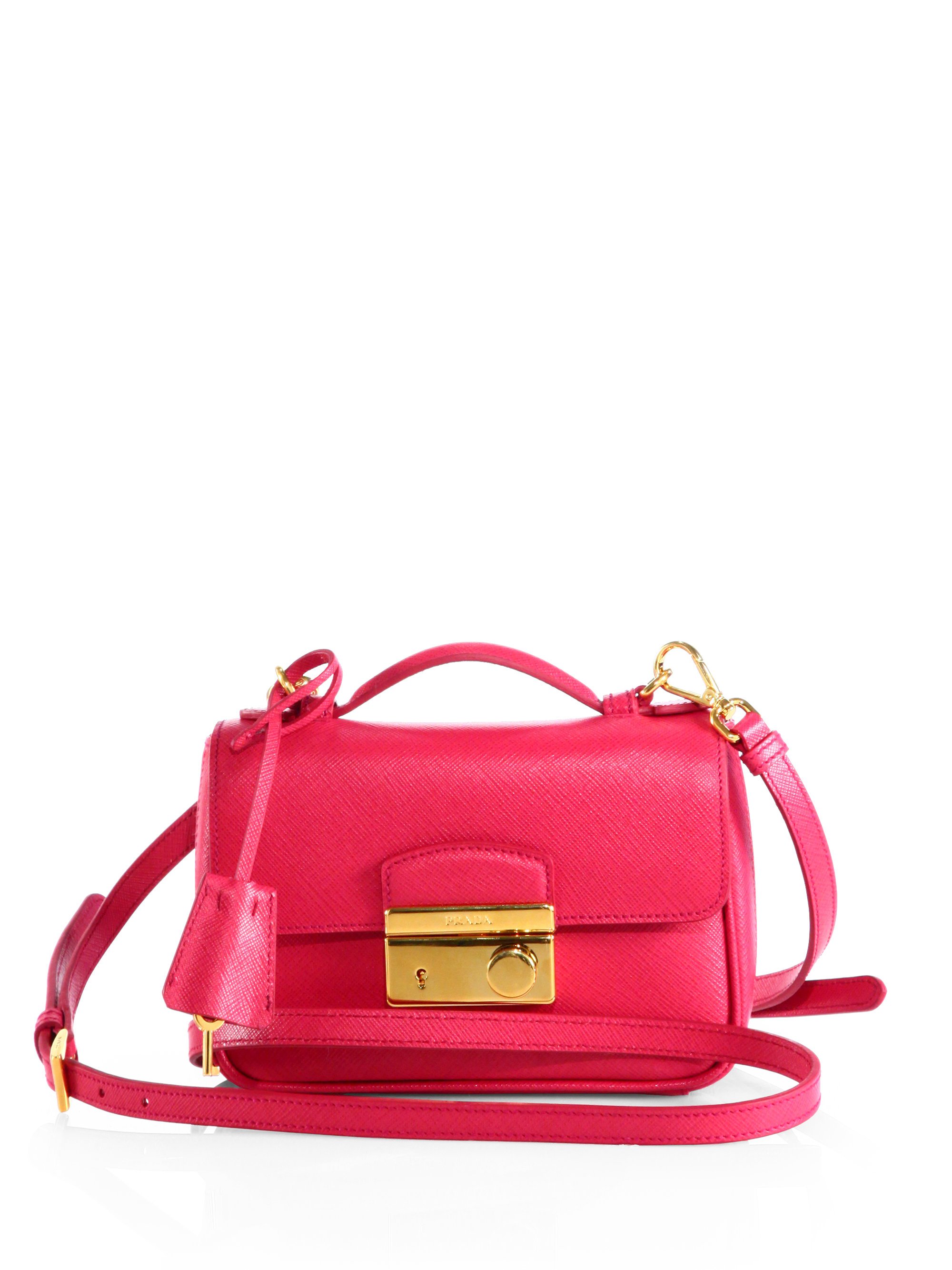 Prada Saffiano Leather Mini Flap Crossbody Bag in Pink (PEONIA) | Lyst