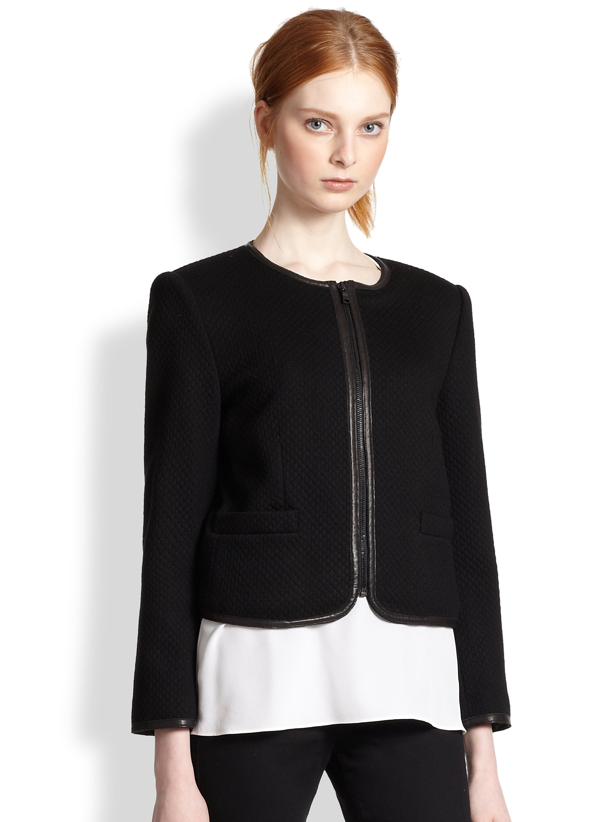 Lyst - Alice + Olivia Boxy Leather-Trimmed Jacket in Black