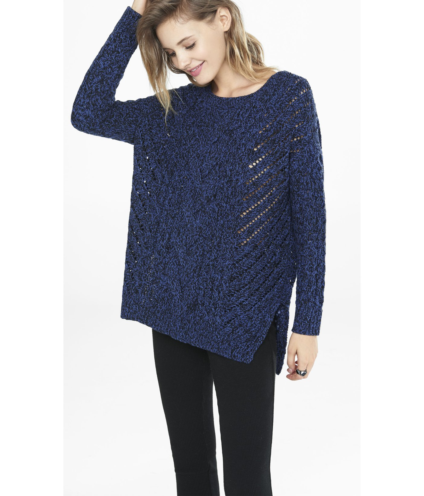 Express Marl Oversized Open Cable Knit Tunic Sweater in Blue | Lyst