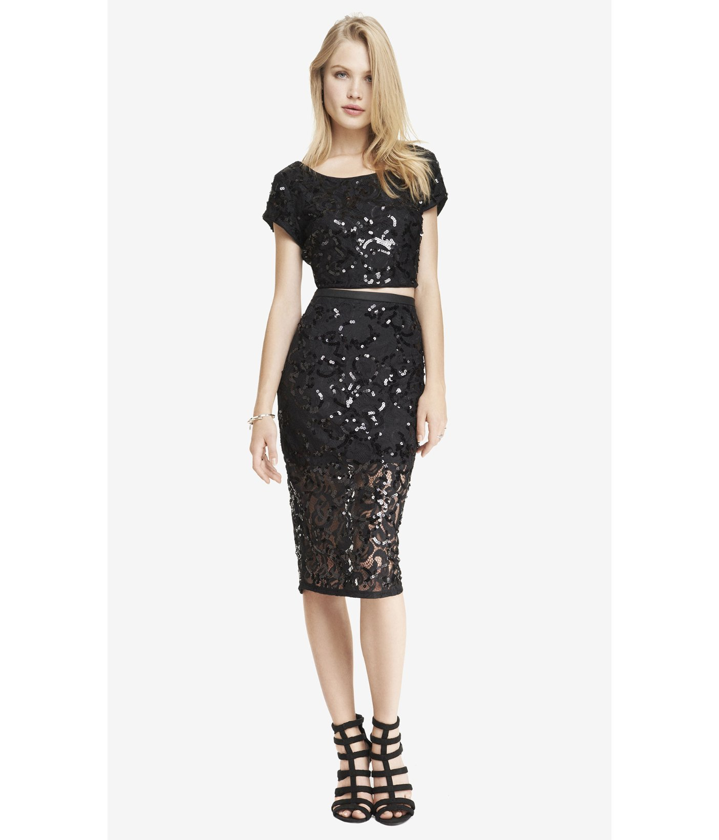 Lyst - Express Lace Sequin Midi Pencil Skirt in Black