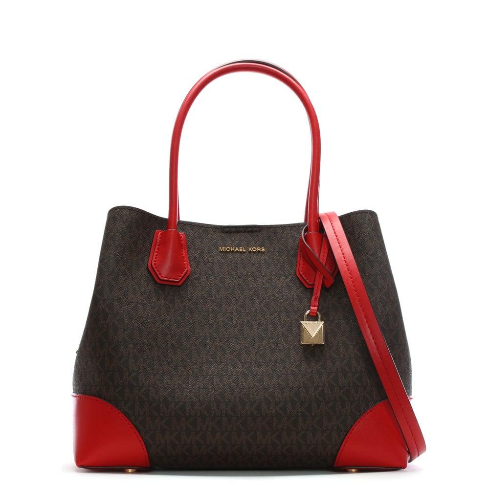 Michael Kors Annie Medium Brown & Bright Red Coated Canvas Logo Tote Bag in Red - Lyst