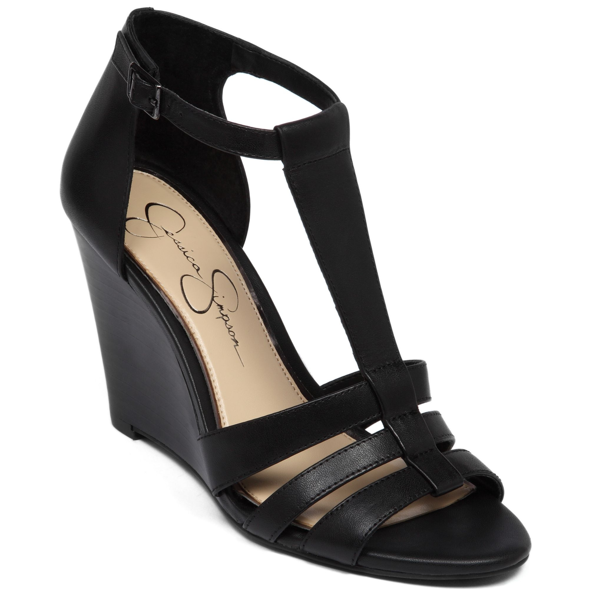 Jessica Simpson Mccorde Tstrap Huarache Wedges in Black (Black Leather ...