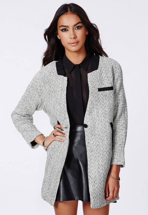 Missguided Petera Tweed Boyfriend Coat With Faux Leather Trim in